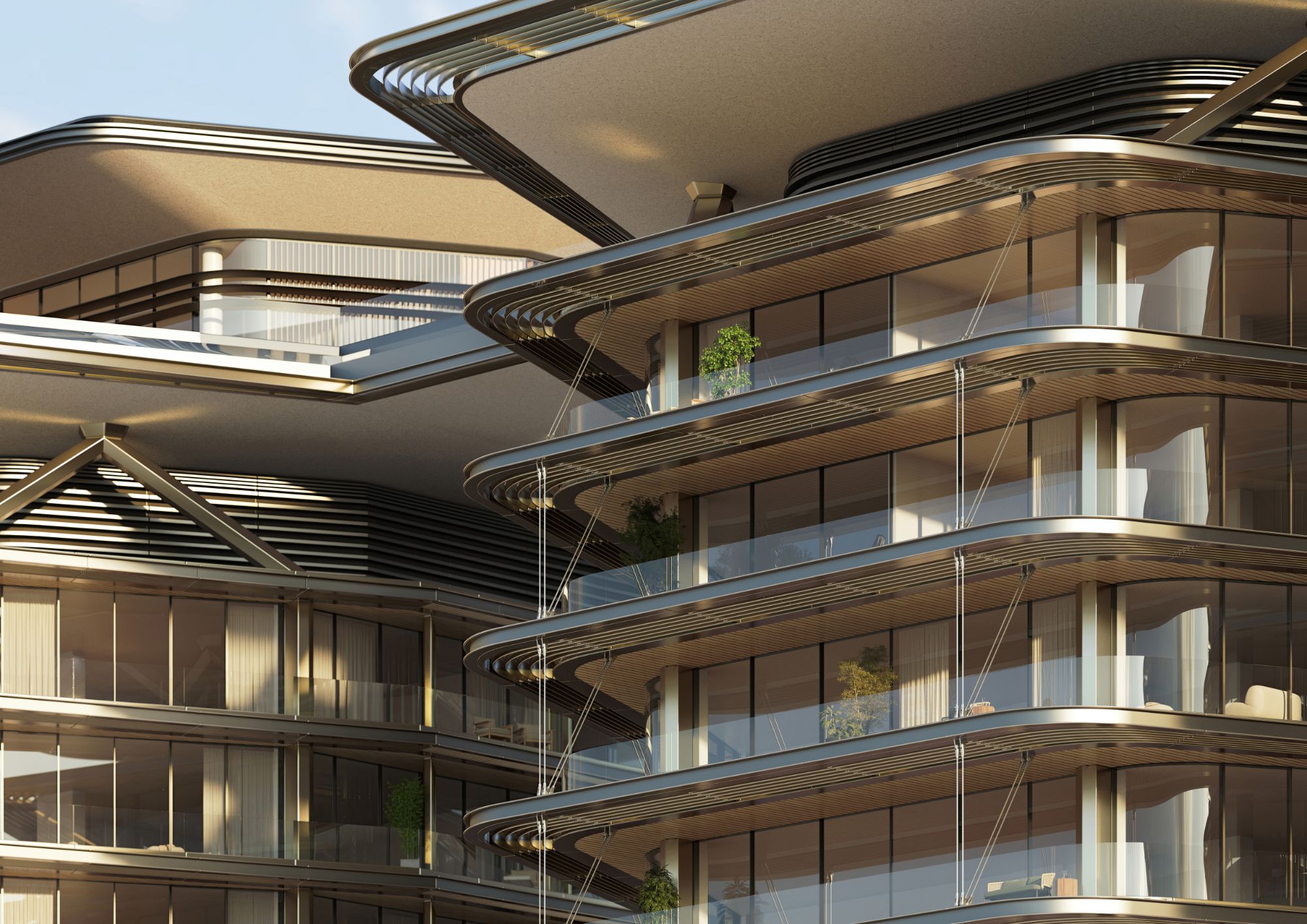Facciata di un residence con balconi curvi e terrazze alla luce del tramonto